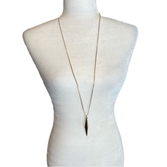Trina Turk long gold necklace with elongated diamond shaped pendant on chain - Picture 1 of 11